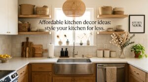 Naturally lit kitchen styled with woven textures, ceramic accents, wall art, and open shelf decor.