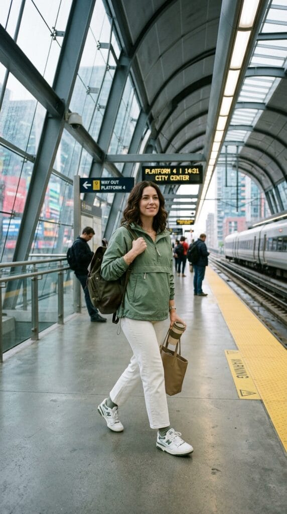 A woman wearing a sage green anorak jacket and white jeans.