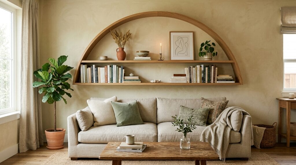 Wide arched wood shelf mounted above a living room sofa holding books and decor.