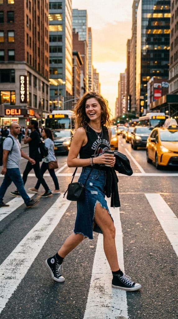 Denim Mini Skirt Outfit Ideas for Summer That Are Y2K and Casual 5 Asymmetric side-slit denim mini skirt worn with a fitted graphic tank top