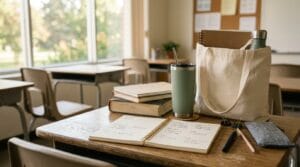 A selection of classroom appreciation gifts arranged neatly on a wooden school desk.