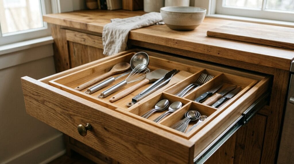 Bamboo tray organizer holding kitchen utensils neatly inside an open wooden drawer