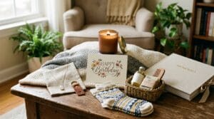A collection of birthday gift items arranged together in warm natural lighting.
