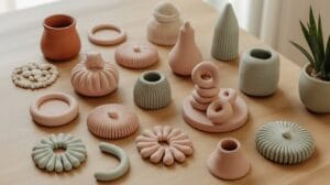 A collection of handmade air-dry clay crafts on a light wooden table.