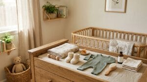 A beautifully organized collection of practical baby items displayed on a neutral background.