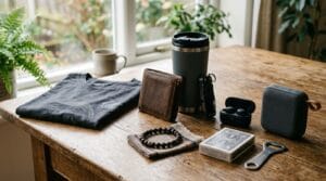 Assorted everyday gift items including drinkware, accessories, and tech arranged on a wooden table.