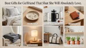A beautifully arranged collection of lifestyle gift items on a wooden table.