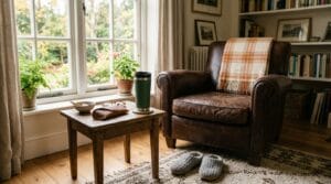 Sunlit cozy living room with grandpa's favorite daily items arranged near an armchair.