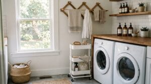 An organized laundry room showcasing a rolling cart, wall drying rack, and bottles.