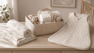 An array of baby essentials, including a swaddle blanket on a nursery table.