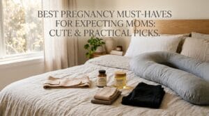 Soft bedroom scene with a body pillow, supplements, oils, and folded maternity clothing items.
