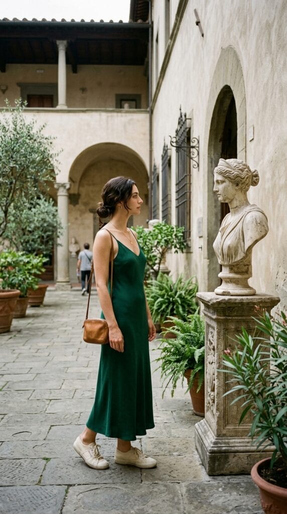 How to Style Summer Dresses with Sneakers (13+ Outfit Ideas) 8 Woman wearing green crepe slip dress and cream low-top sneakers in a courtyard.
