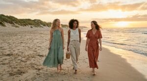 Three women wearing distinct bohemian beach outfits walk along a scenic coastline at sunset.
