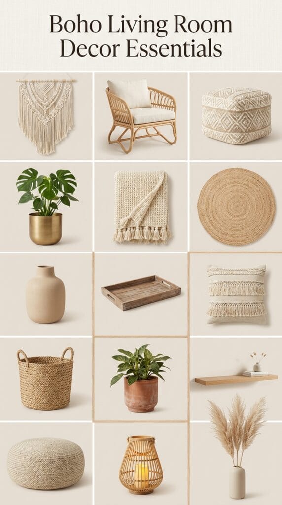 15 Boho living room decor ideas that work in any apartment 2 Boho living room decor collage featuring a macrame wall hanging, rattan chair, jute rug, pampas grass, woven basket, and cozy neutral accessories.