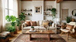 A beautifully styled bohemian apartment living room filled with natural light and warm textures.