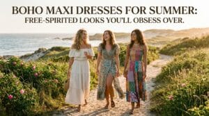 Three women wearing flowing boho maxi dresses walking on a coastal path