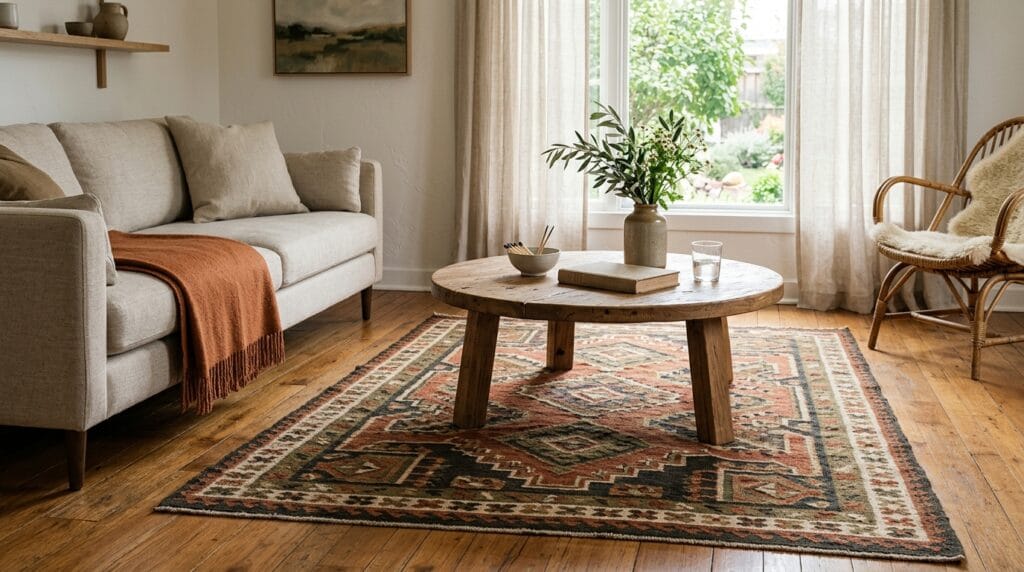 Patterned earthy area rug placed beneath a coffee table in a naturally lit room.