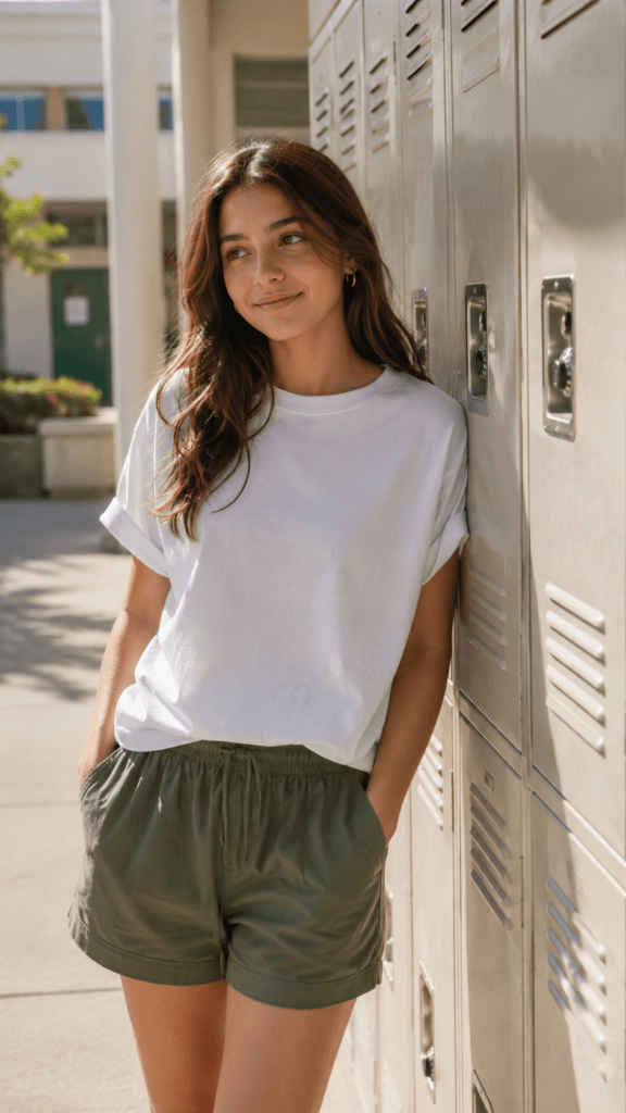 Summer School Outfit Ideas for Teen Girls: Fun, Fresh & Totally On-Trend 2 Teen girl wearing a white boxy t-shirt and green poplin shorts in a sunny courtyard.