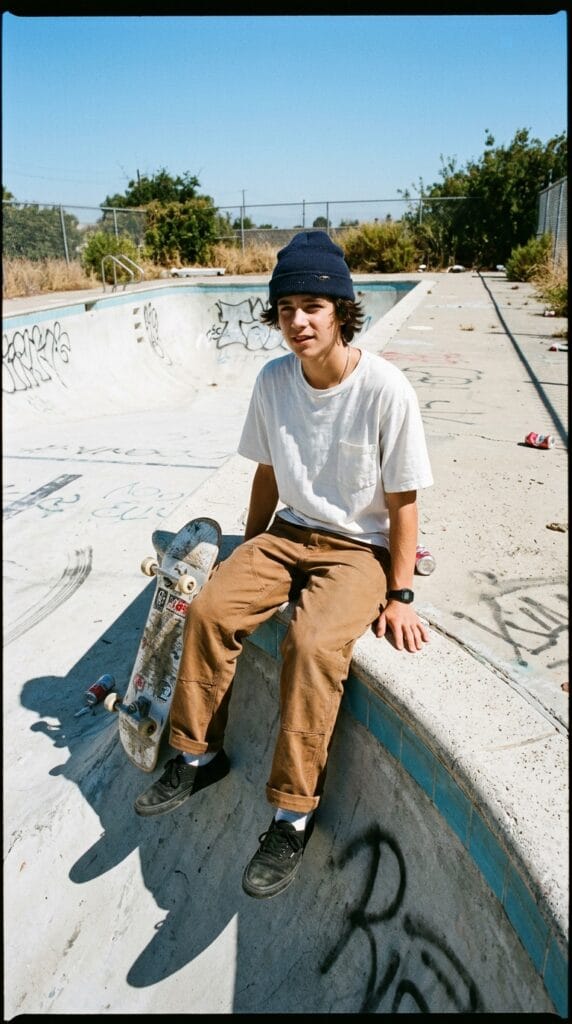 Skater Boy Summer Outfits for Teens That Are Effortlessly Cool 12 Teen wearing a white boxy pocket tee and loose brown canvas worker pants.