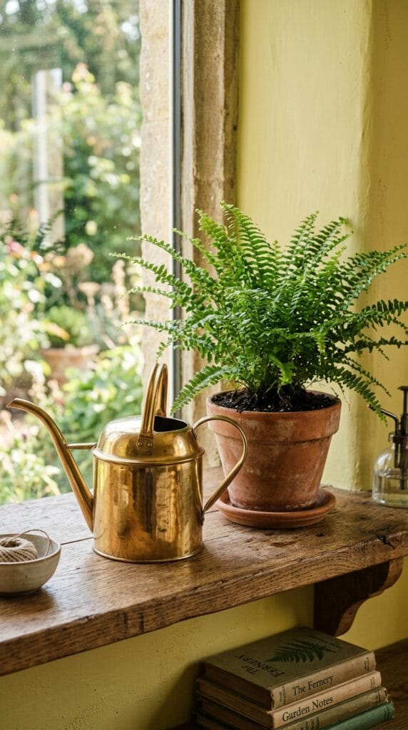 Last Minute Birthday Gifts for Her That Still Feel Incredibly Thoughtful 6 A polished brass watering can sitting beside a green fern on wooden shelving.