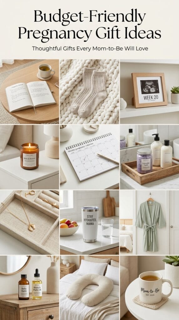 Affordable pregnancy gifts including journal, robe, candle, pillow, mug, and thoughtful comfort essentials.