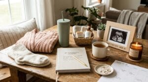 Assorted budget-friendly pregnancy gift items arranged together in a softly lit home setting.