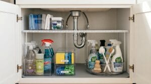 An organized under-sink cabinet with clear storage bins and neatly arranged cleaning products.