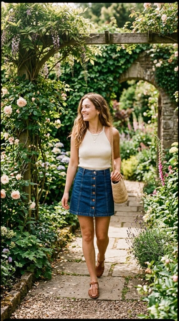 Denim Mini Skirt Outfit Ideas for Summer That Are Y2K and Casual 9 Button-front A-line denim mini skirt styled with a fitted halter top