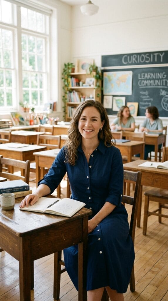 Teacher Outfit Ideas for Back to School: First-Week Looks That Make an Impression 2 Woman wearing a navy button-through cotton poplin midi dress in a bright sunny classroom.