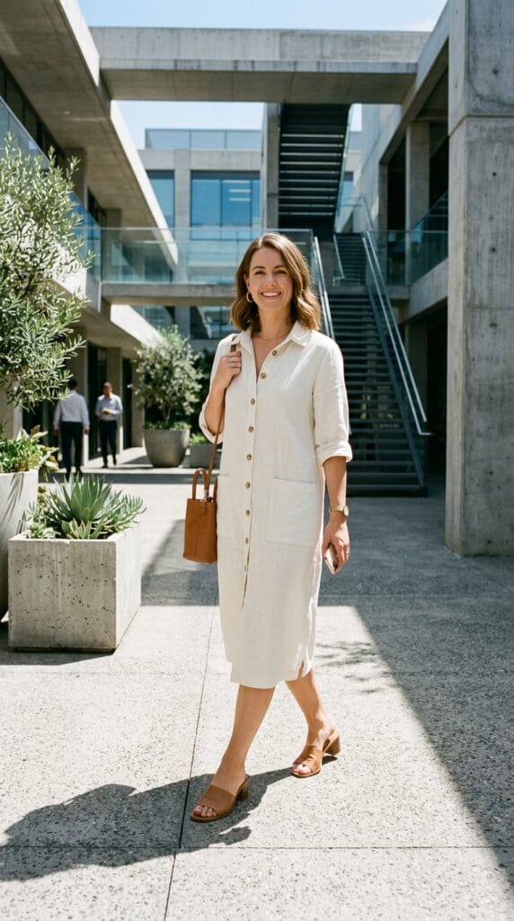 Woman wearing a structured ivory linen shift dress with utility pockets in a modern courtyard.