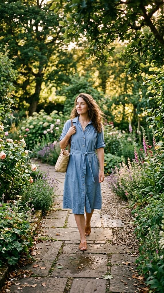 Modest Summer Outfits That Work for Every Occasion 8 Woman walking along a garden path in a poplin shirtdress