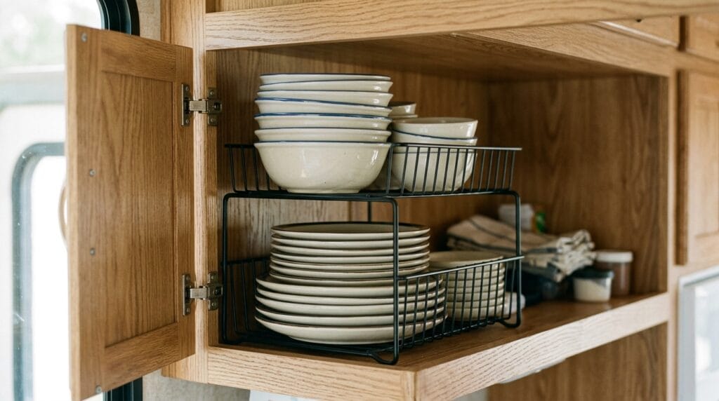 Tiered cabinet organizer holding stacked dishes securely inside a camper storage cabinet.