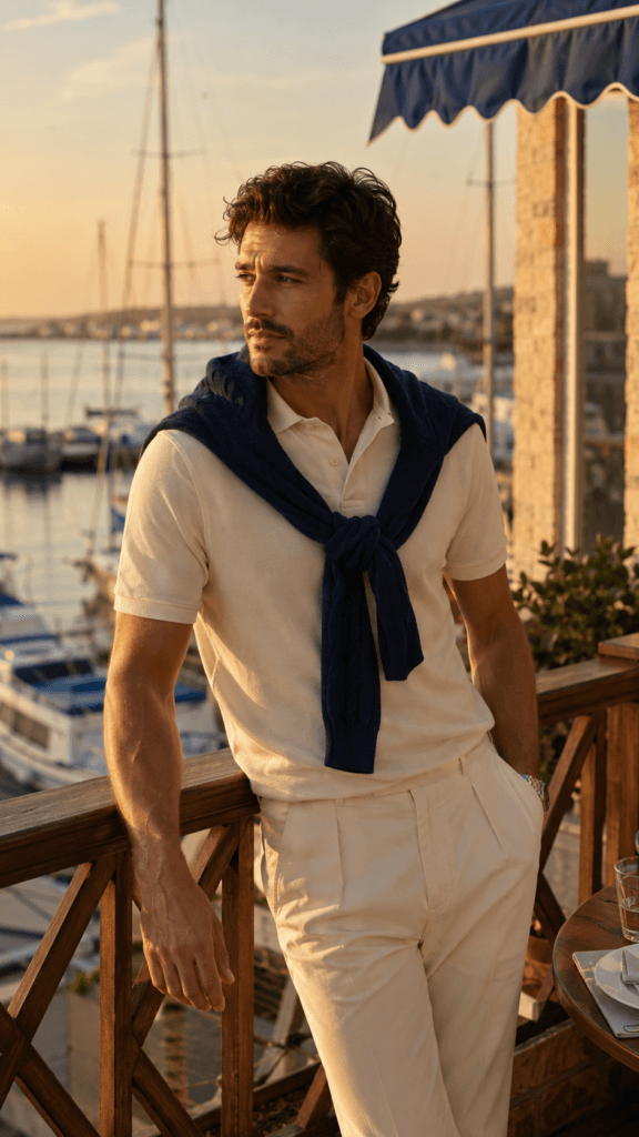 Man with navy cable knit sweater draped over shoulders atop a cream polo shirt.
