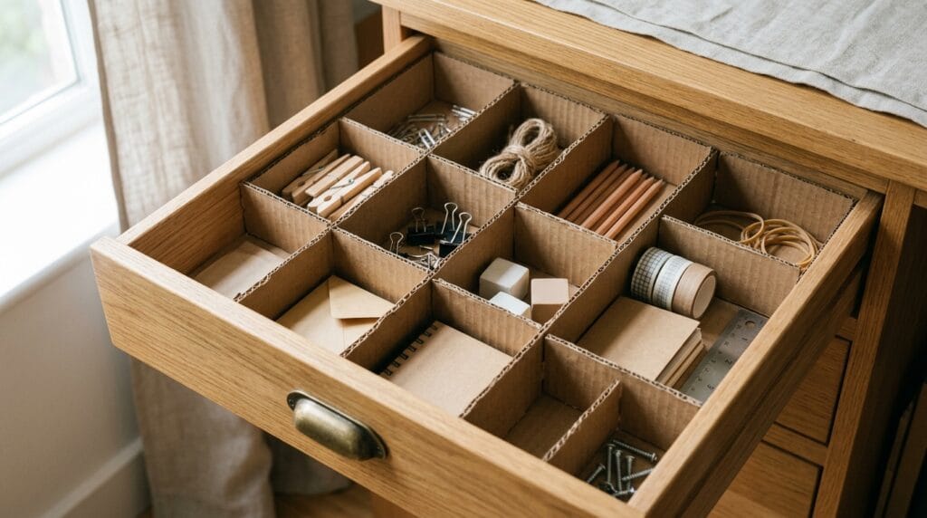 Cardboard rectangles dividing a drawer into separate sections for small household items