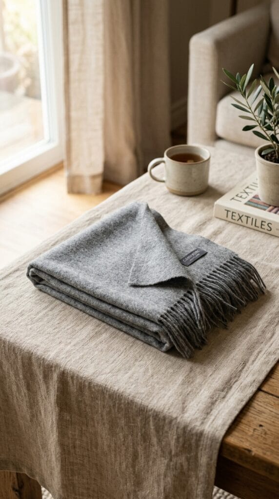 Last Minute Birthday Gifts for Her That Still Feel Incredibly Thoughtful 7 A folded gray cashmere scarf displayed on a neutral cream-colored fabric surface.