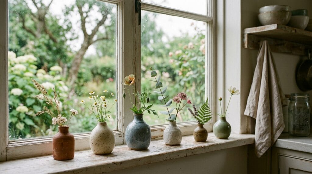 Small ceramic bud vases arranged along a sunlit kitchen windowsill.