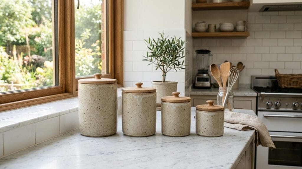 Neutral ceramic canister set lined along a sunlit kitchen counter.