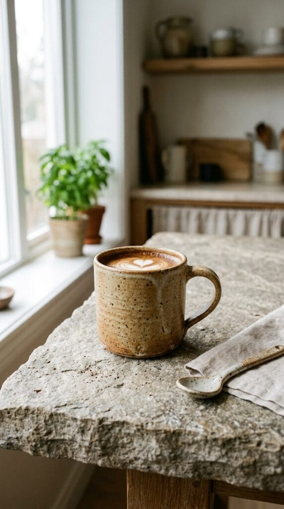 Last Minute Birthday Gifts for Her That Still Feel Incredibly Thoughtful 5 A rustic hand-thrown ceramic coffee mug resting on a gray stone countertop.