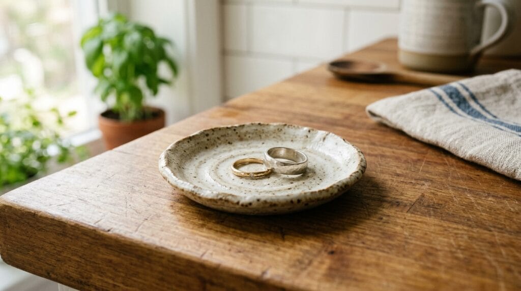Small textured ceramic ring dish resting on a kitchen counter.