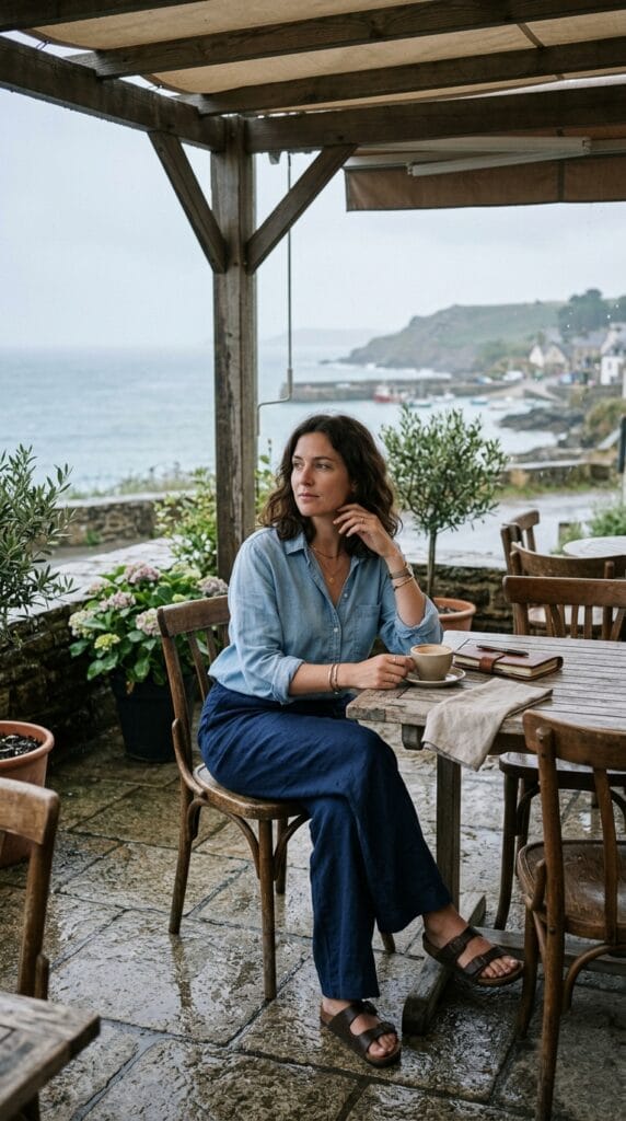 A woman wearing a chambray button-down shirt and cropped navy linen pants.