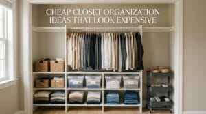Organized closet featuring labeled bins, folded clothing stacks, hanging garments, and neat storage baskets.