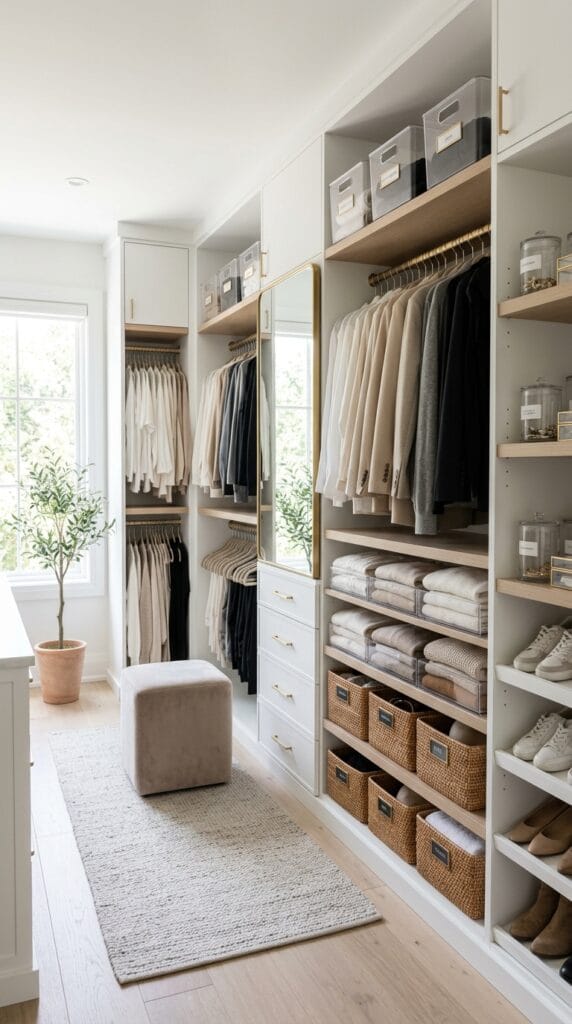 Cheap Closet Organization Ideas That Look Expensive 2 A beautifully organized closet with clear bins, woven baskets, shelf dividers, labeled storage, and slim hangers creating an expensive-looking space on a budget.