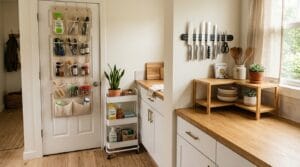 Organized tiny home interior displaying several cheap vertical storage products in natural light.