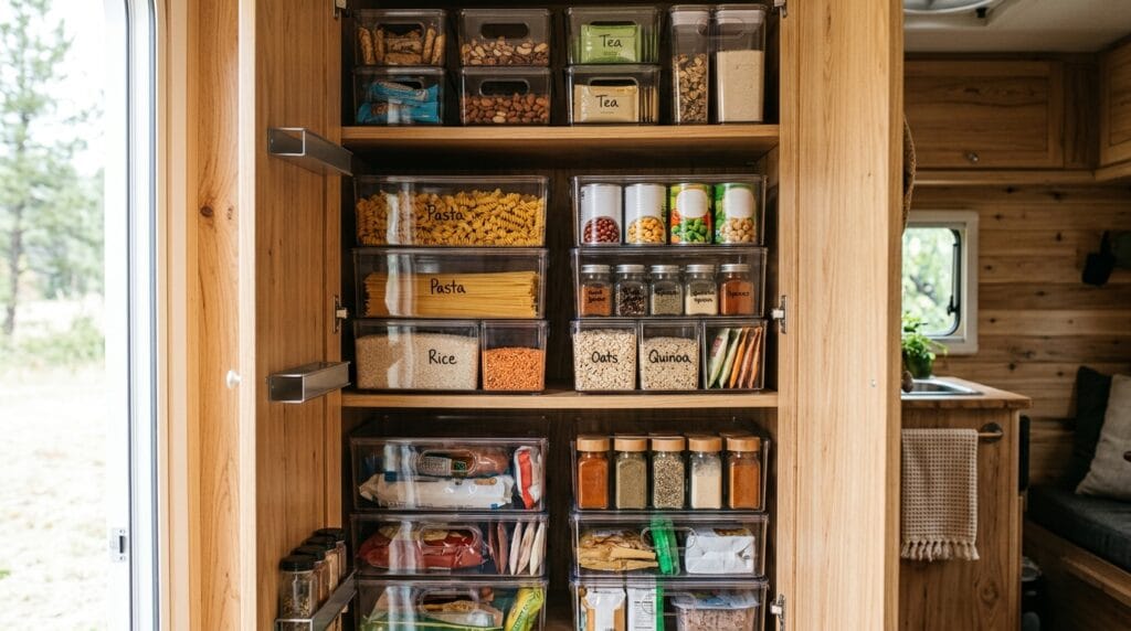 Clear stacked storage bins holding pantry goods neatly inside a camper kitchen cabinet.