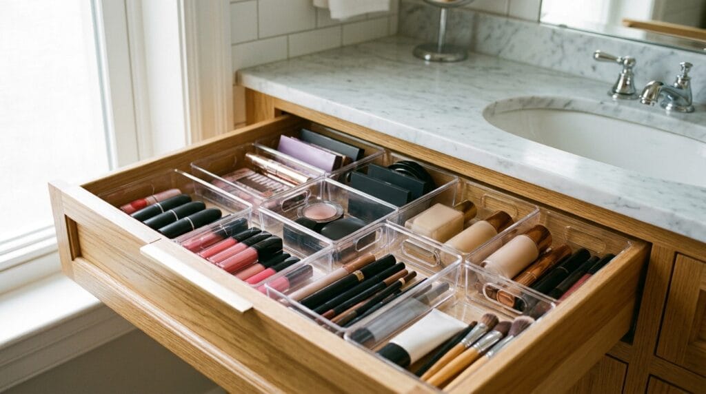Small clear storage bins organizing cosmetics inside a bathroom vanity drawer neatly
