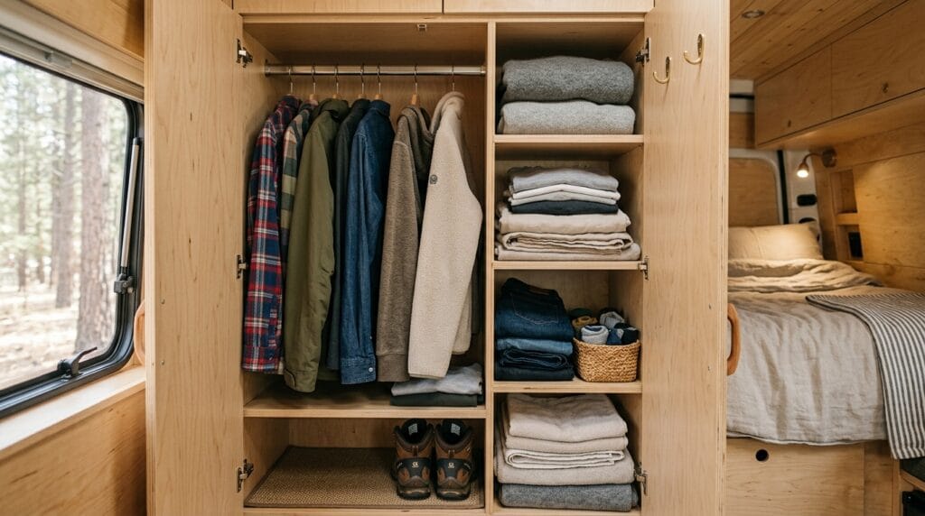 Compact camper closet fitted with modular shelving holding neatly folded clothing items.
