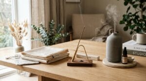 A collection of minimalist lifestyle gifts neatly arranged on a modern wooden table.