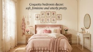 Soft blush bedroom styled with ruffled bedding, sheer curtains, floral prints, and vanity mirror.
