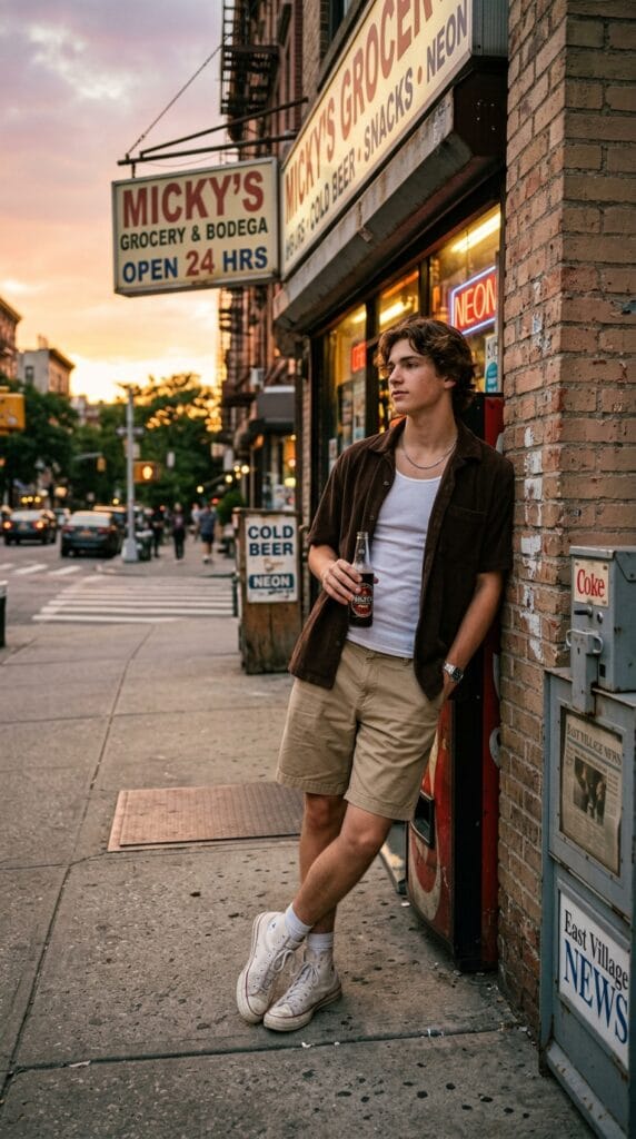Skater Boy Summer Outfits for Teens That Are Effortlessly Cool 4 Teen wearing a brown corduroy button-up shirt and khaki chino shorts at sunset.