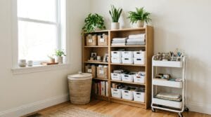 Organized room corner with storage bins, tiered shelving, baskets, and a rolling cart arranged neatly.